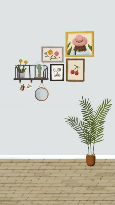 beautiful illustration of a calming home with a plant and paintings on the wall