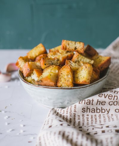 homemade vegan croutons with olive oil and herbs