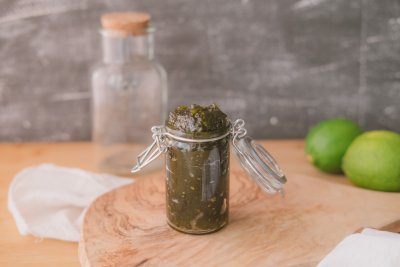 Jalapeno jelly stored in a small jar