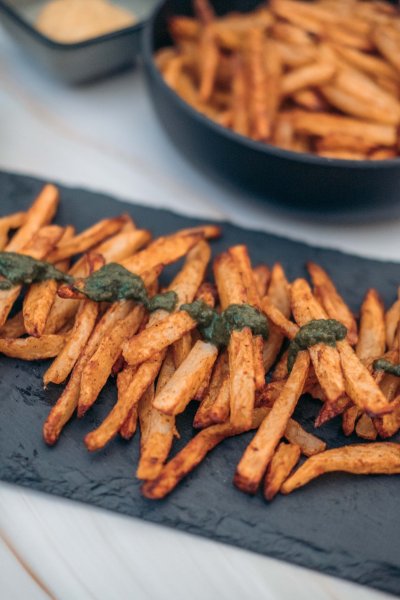 Vegan chimichurri fries on a plate