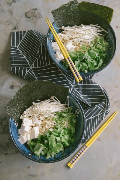 Vegan ramen served in two beautiful Japanese bowls