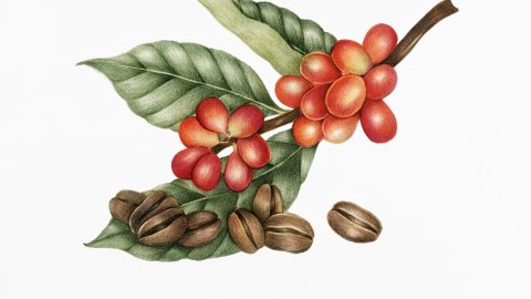 Drawing of coffee plant and coffee beans
