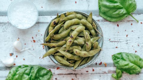 Easy edamame recipe with salt and chilli in a small bowl