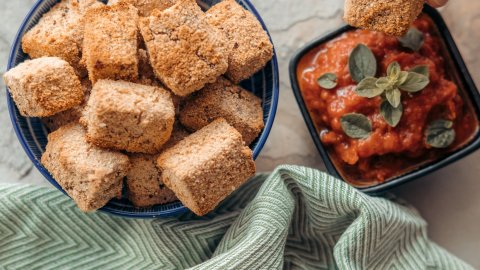 Healthy Crispy Baked Tofu nuggets with tomato dipping sauce